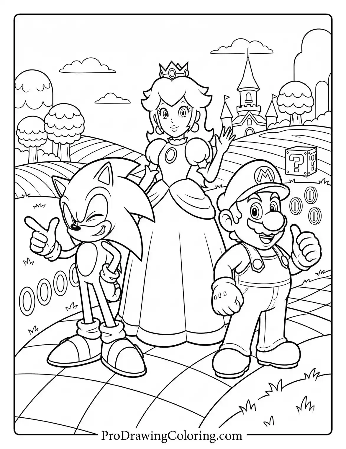 Sonic standing next to Princess Peach and Mario in a joyful video game crossover world.