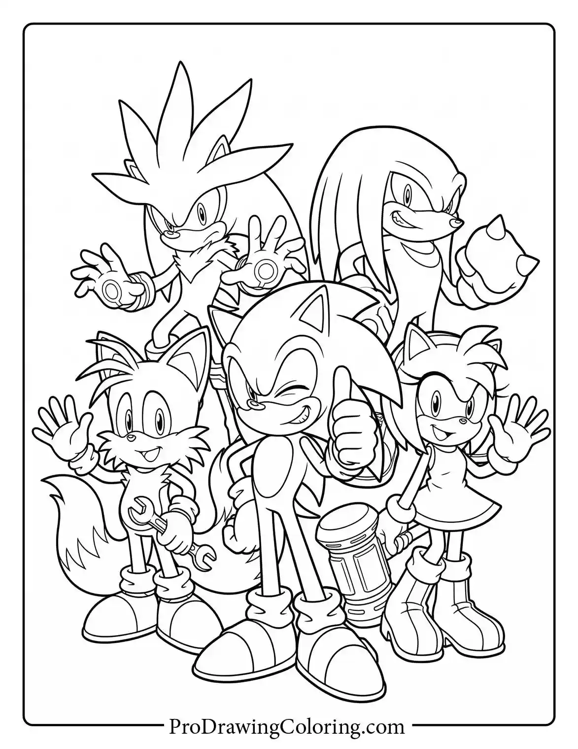 A group portrait featuring Sonic the Hedgehog, Tails, Knuckles, Amy Rose, and Silver in an awesome coloring sheet.