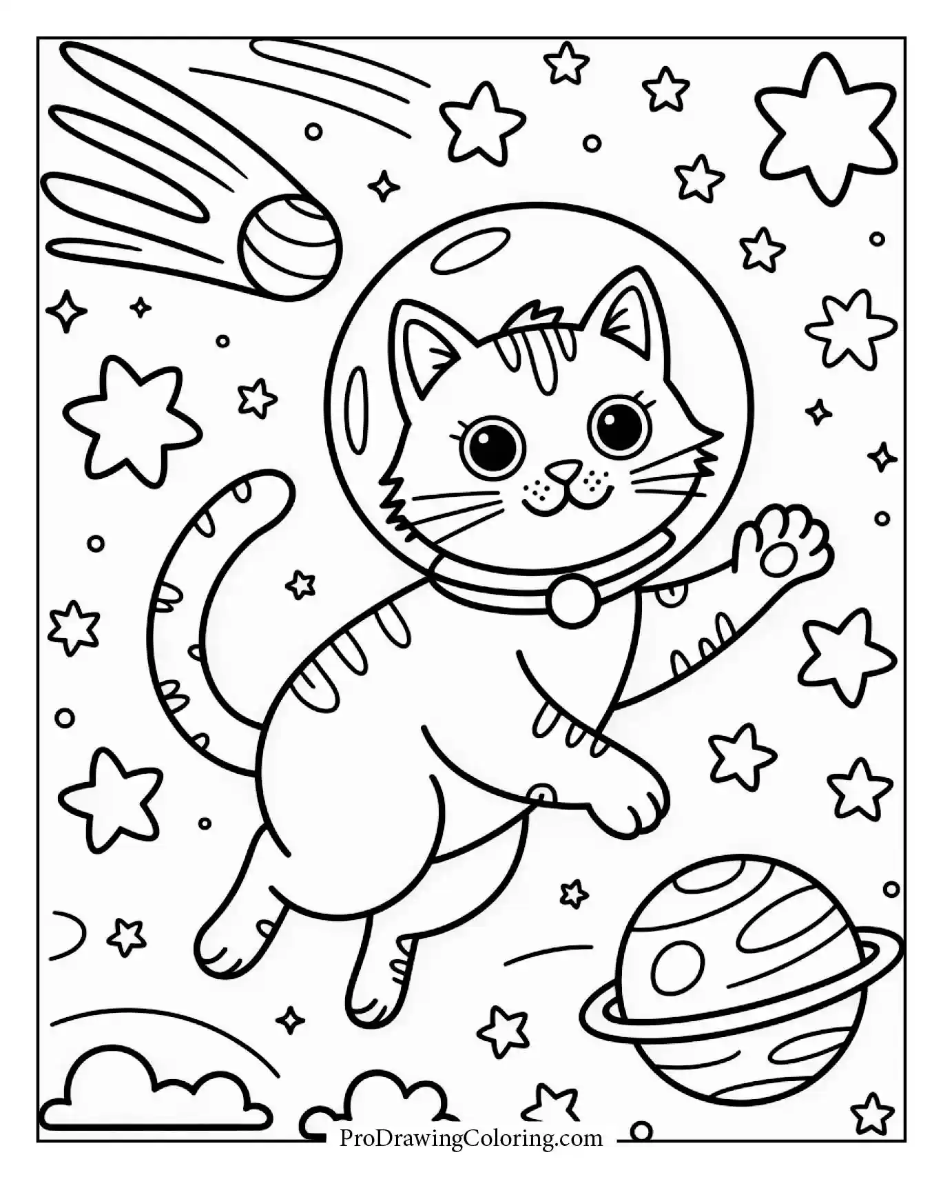 Adorable space cat chasing shooting stars across the sky.