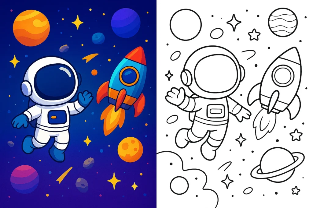 Space coloring pages featuring a cute astronaut floating among planets and stars, with a matching rocket illustration shown in full color on the left and a black-and-white line art page for coloring on the right.