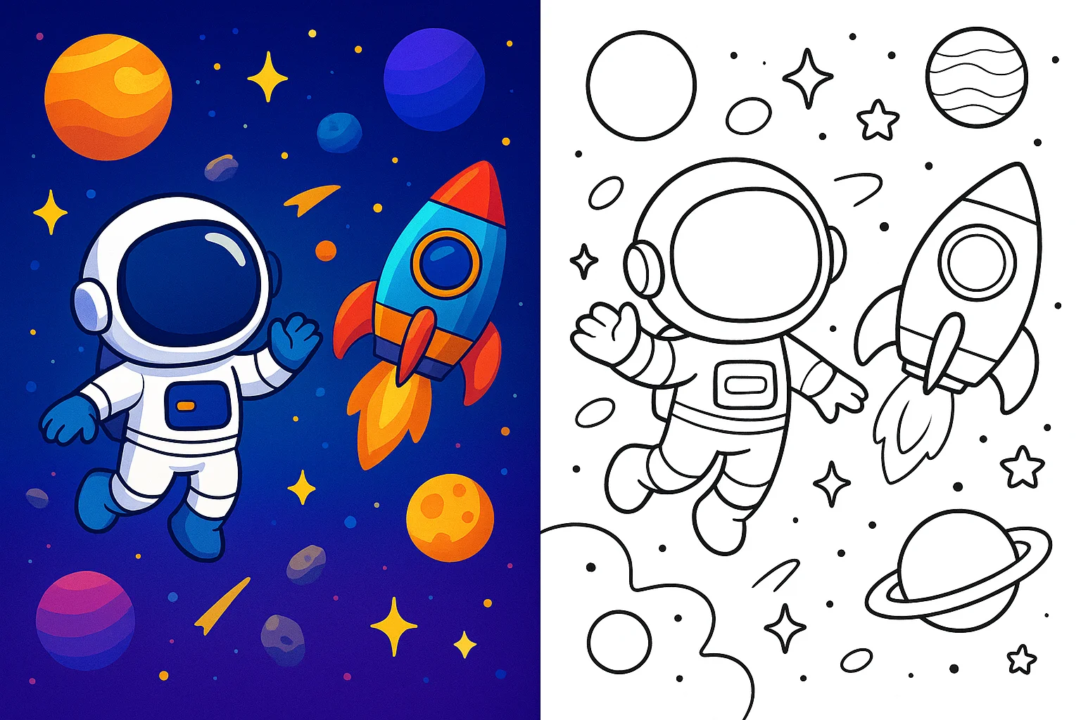 Space coloring pages featuring a cute astronaut floating among planets and stars, with a matching rocket illustration shown in full color on the left and a black-and-white line art page for coloring on the right.