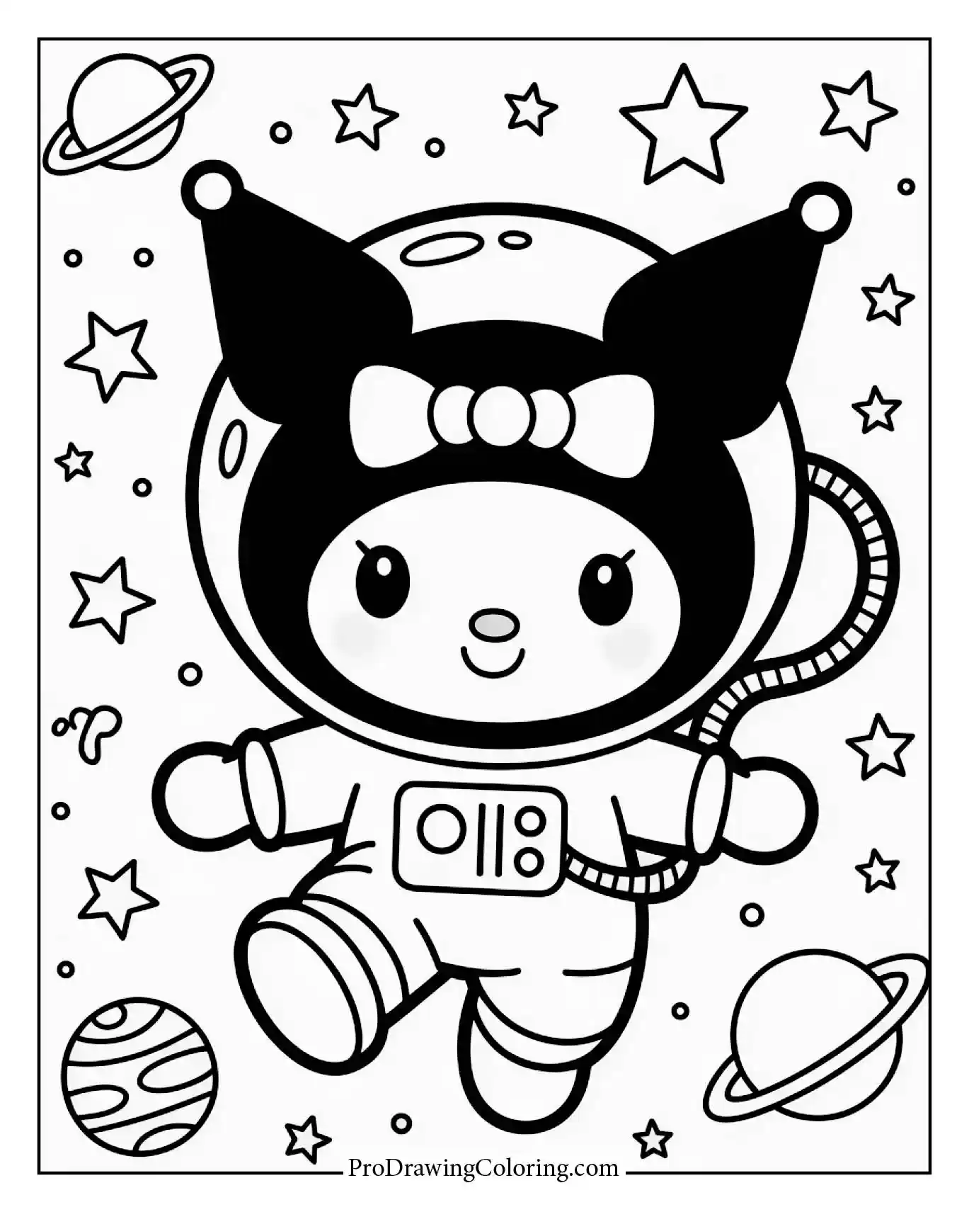 Space-themed Kuromi with stars and planets, cosmic atmosphere, outer space.