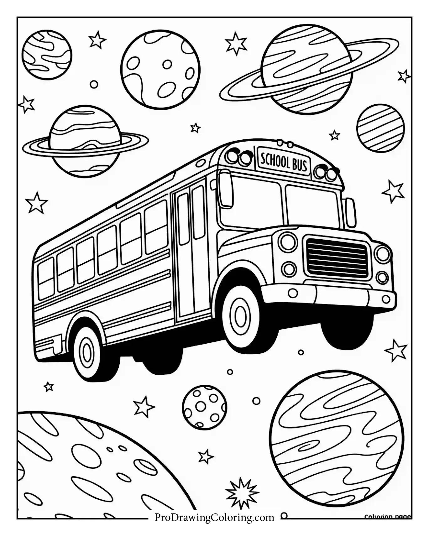 Space school bus flying between planets, playful sci-fi scene.