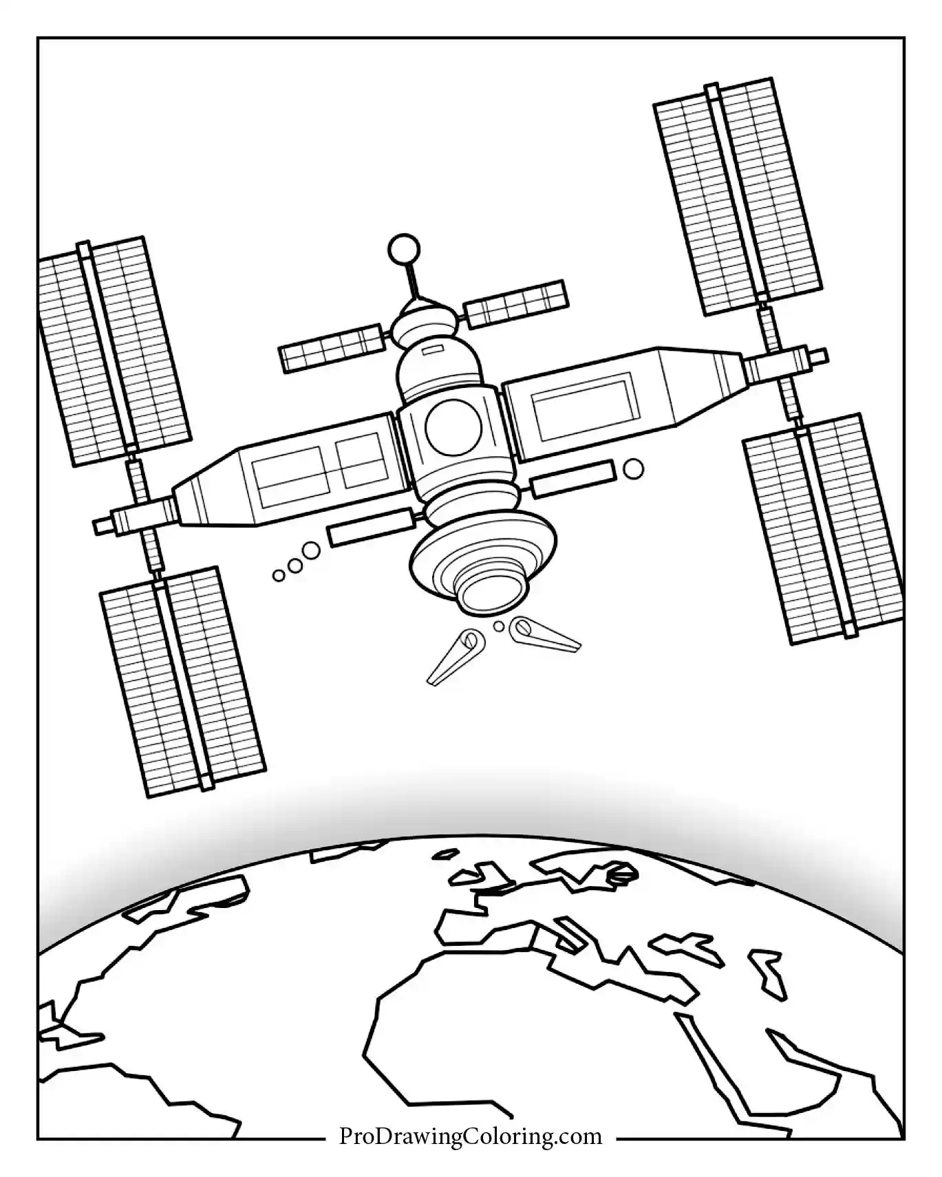 Detailed space station orbiting above a glowing blue Earth, printable coloring page.