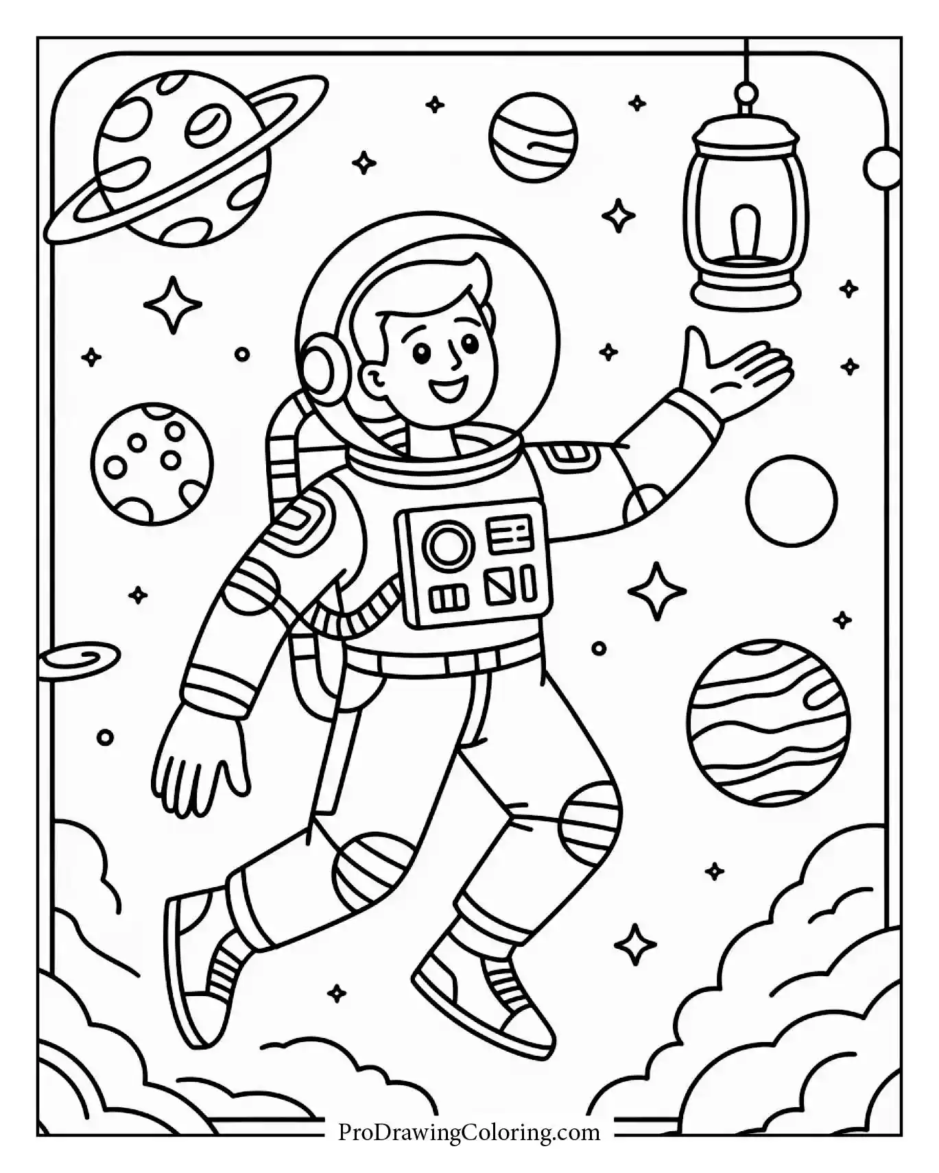 Space traveler holding a floating lantern in zero gravity.