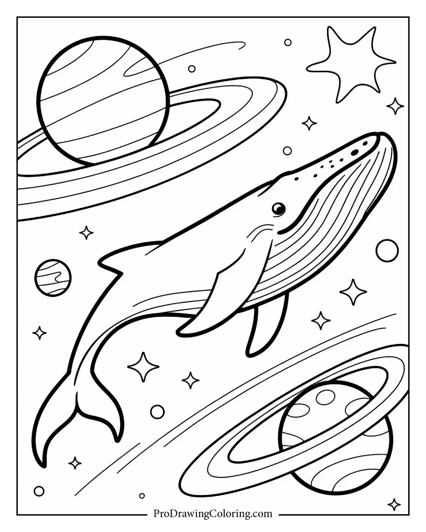 Majestic space whale leaping through glowing rings, printable coloring page for adults.