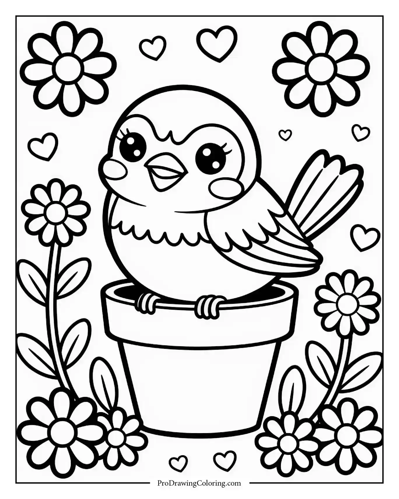 Sweet sparrow sitting on flower pot surrounded by daisies, printable coloring page