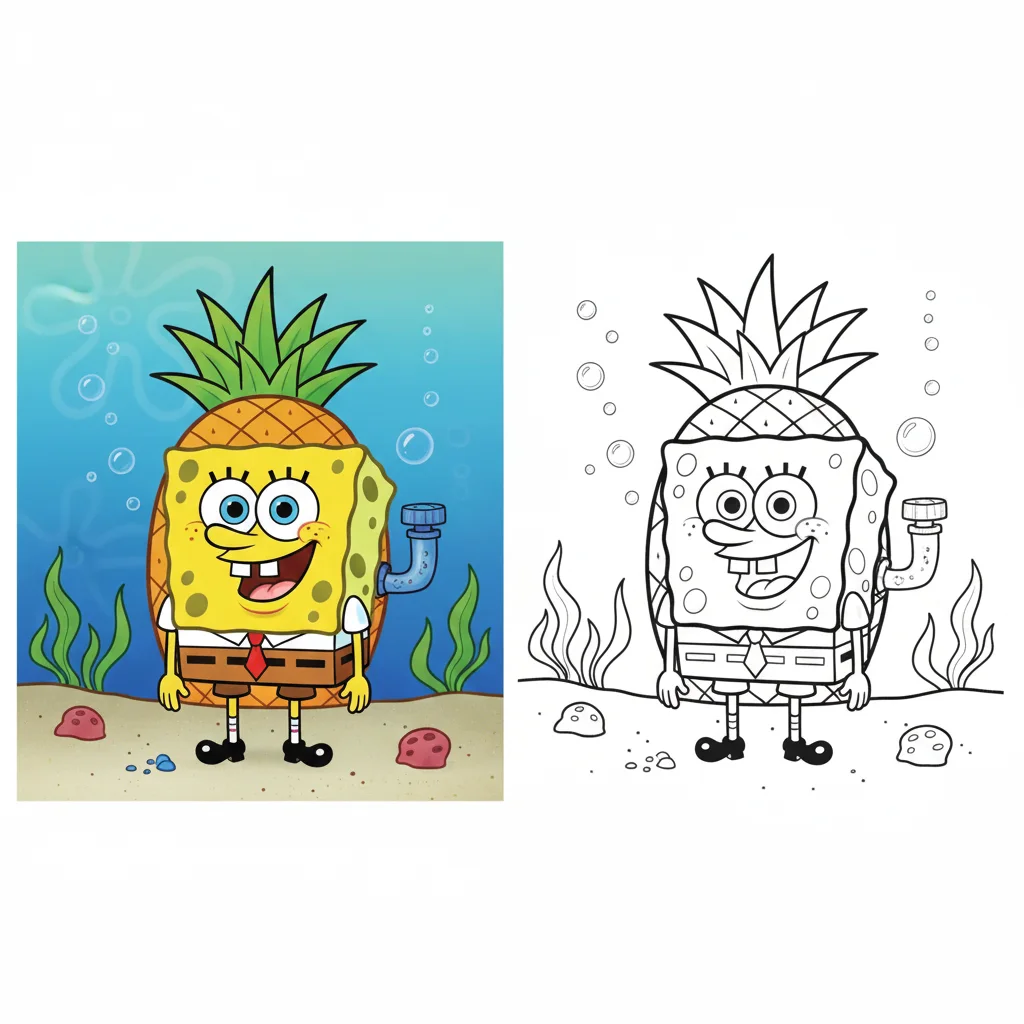 Spongebob coloring pages showing a smiling SpongeBob character standing in front of his pineapple house with a colorful version and a black and white coloring page version for kids