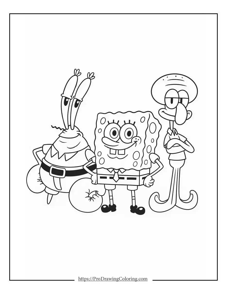 SpongeBob and friends coloring pages with SpongeBob, Patrick, Squidward, and Mr. Krabs
