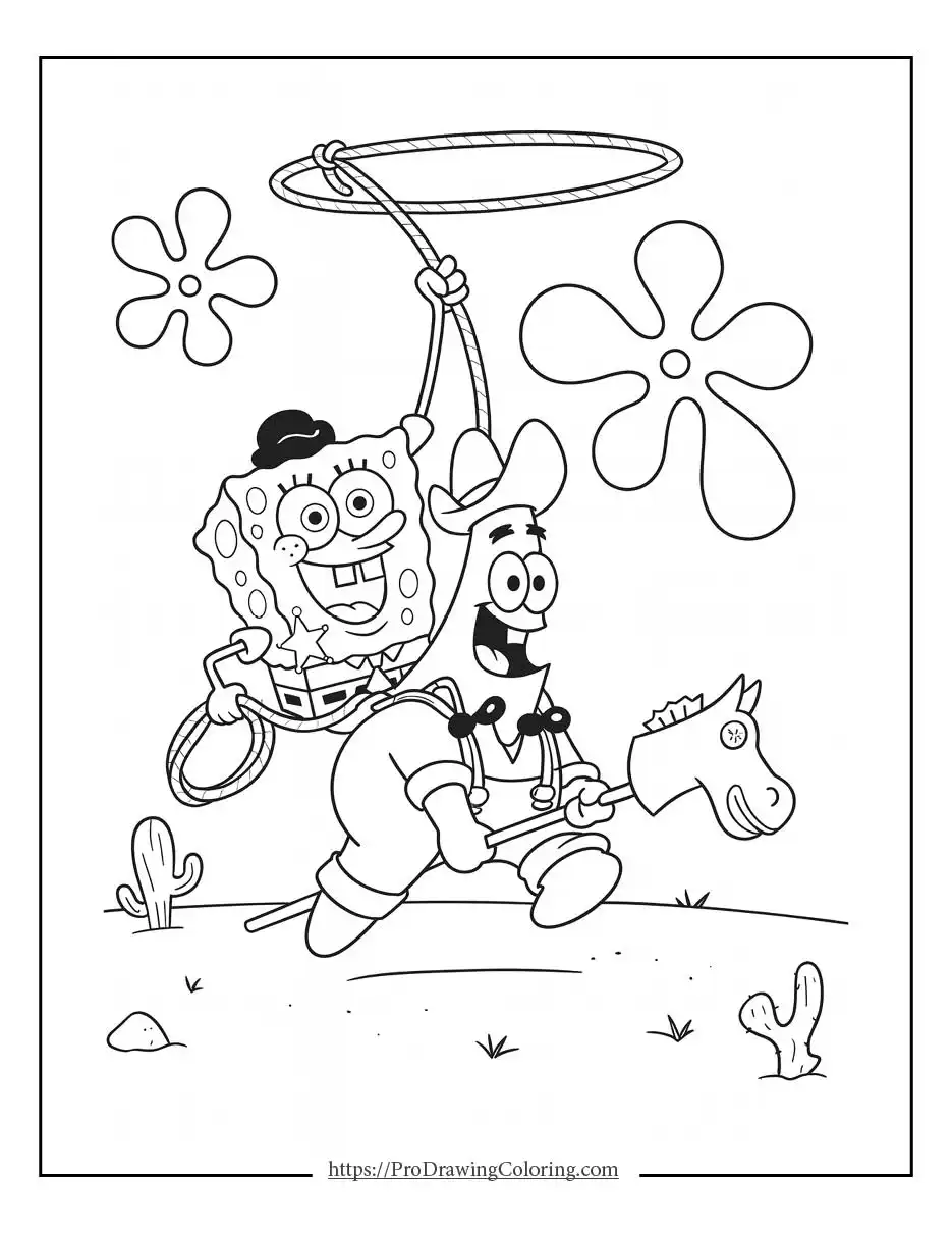 SpongeBob and Patrick coloring pages with a fun western-style ride and playful action