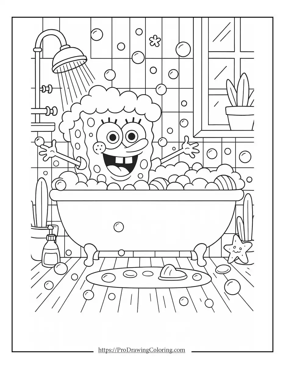 SpongeBob relaxing in a bathtub full of bubbles in a tiled bathroom