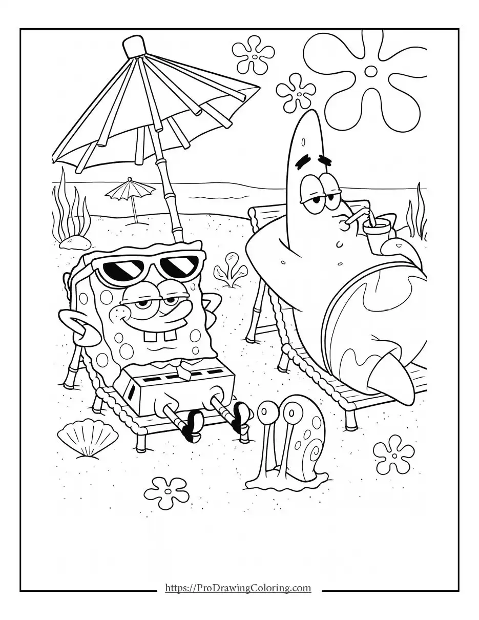 SpongeBob characters coloring pages showing SpongeBob and Patrick relaxing on the beach