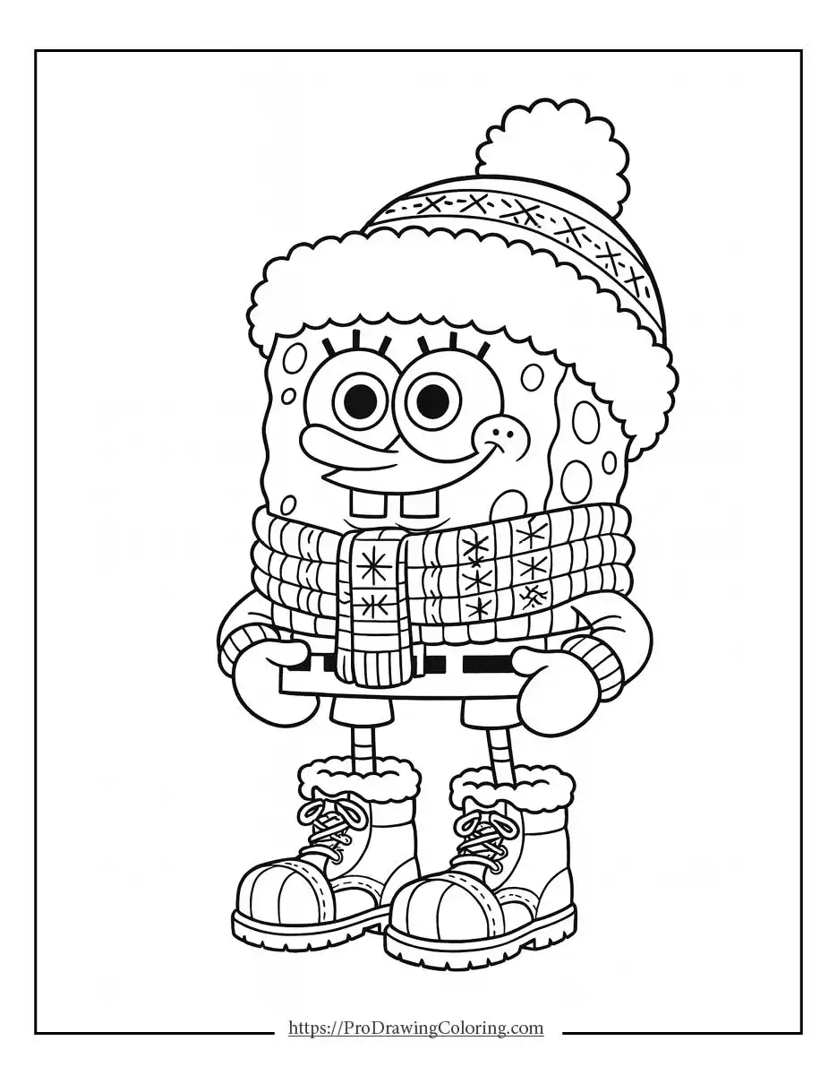 SpongeBob Christmas coloring pages featuring SpongeBob dressed in cozy winter clothes