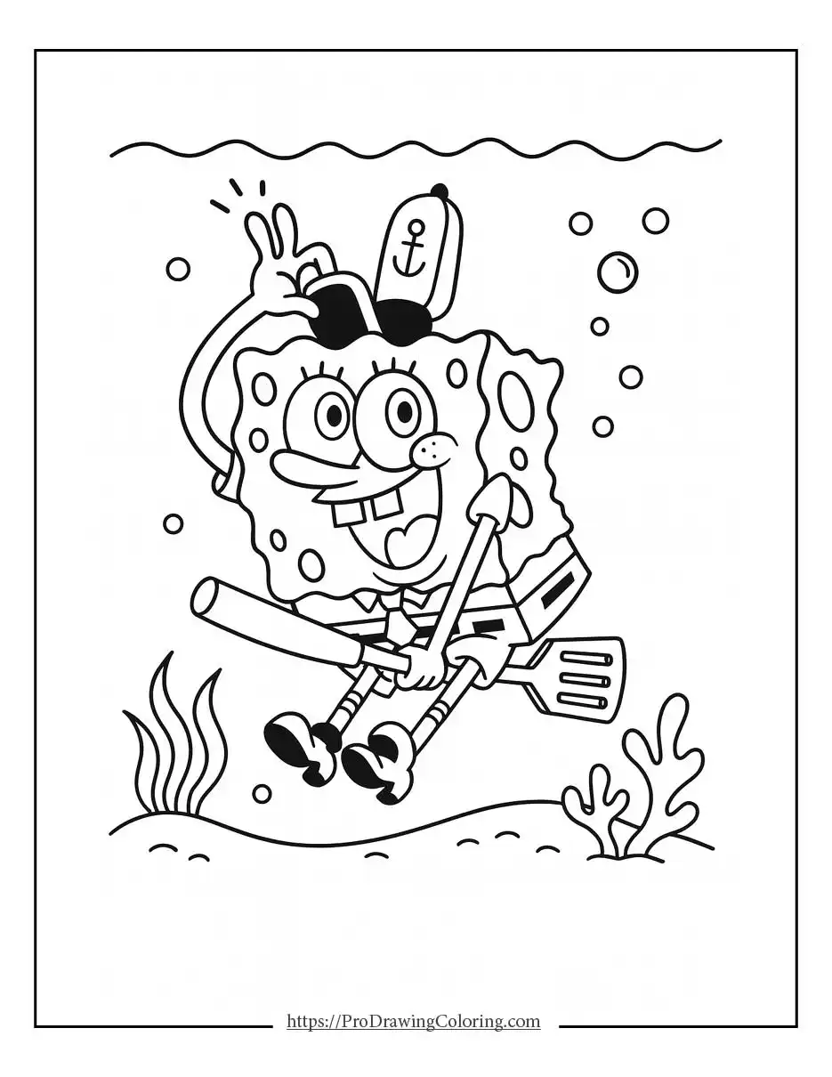 SpongeBob color pages to print with SpongeBob enjoying an underwater adventure