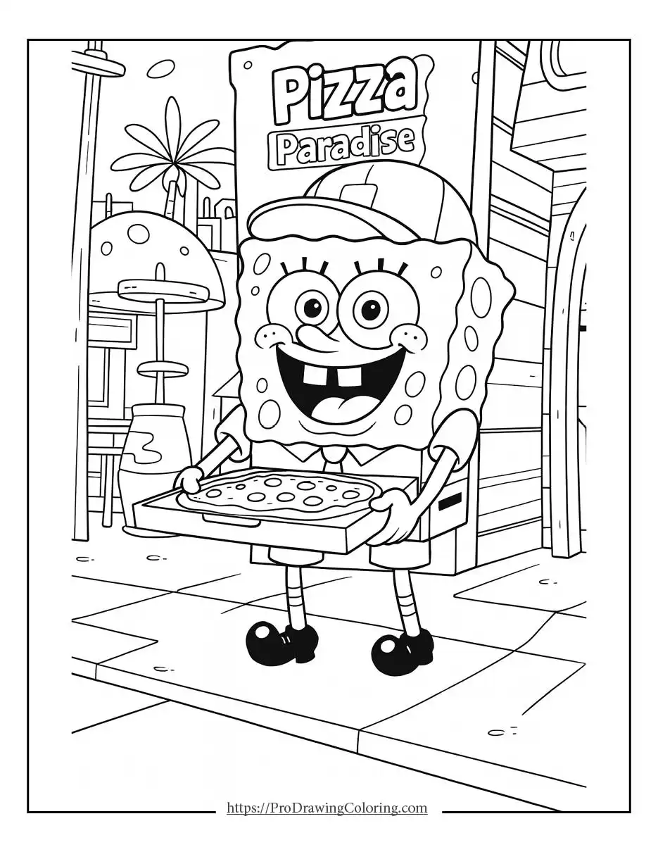 SpongeBob coloring pages printable featuring SpongeBob delivering pizza at Pizza Paradise