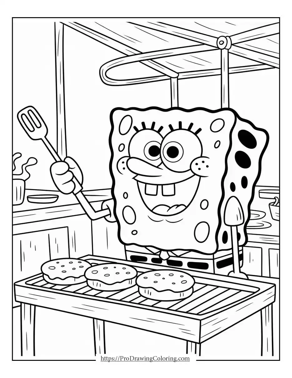 SpongeBob smiling while cooking burgers on a grill inside a kitchen setting