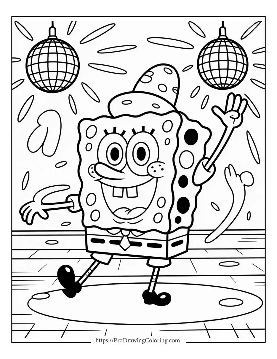 SpongeBob dancing joyfully on a dance floor with disco balls and moving light effects above him