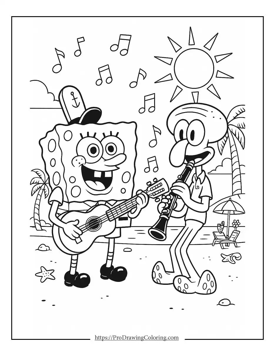 SpongeBob playing a guitar while Squidward plays a clarinet on a sunny beach with music notes