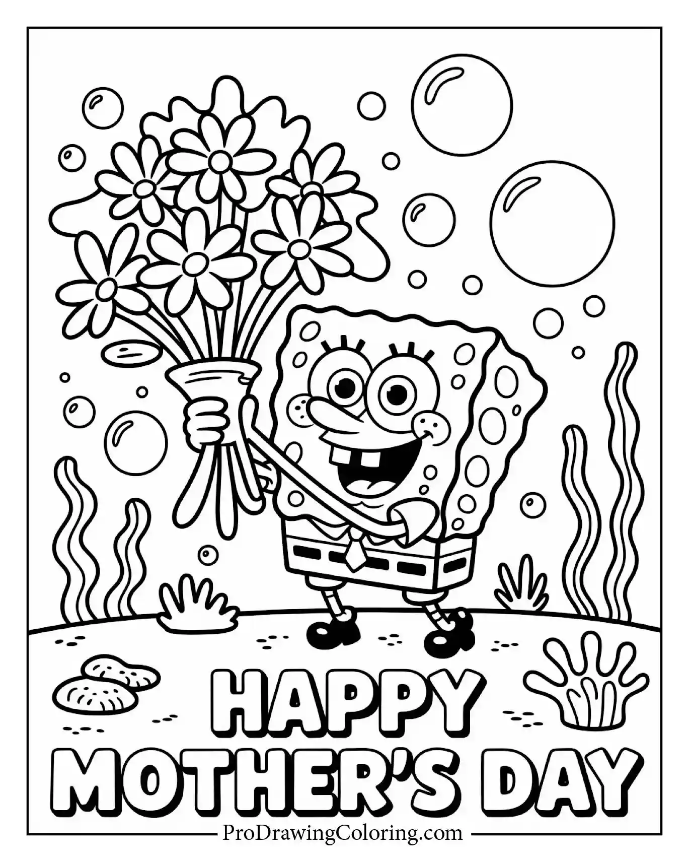 Spongebob underwater blowing bubbles and holding a lovely bouquet of sea flowers. A simple and fun mothers day coloring sheet for kids.