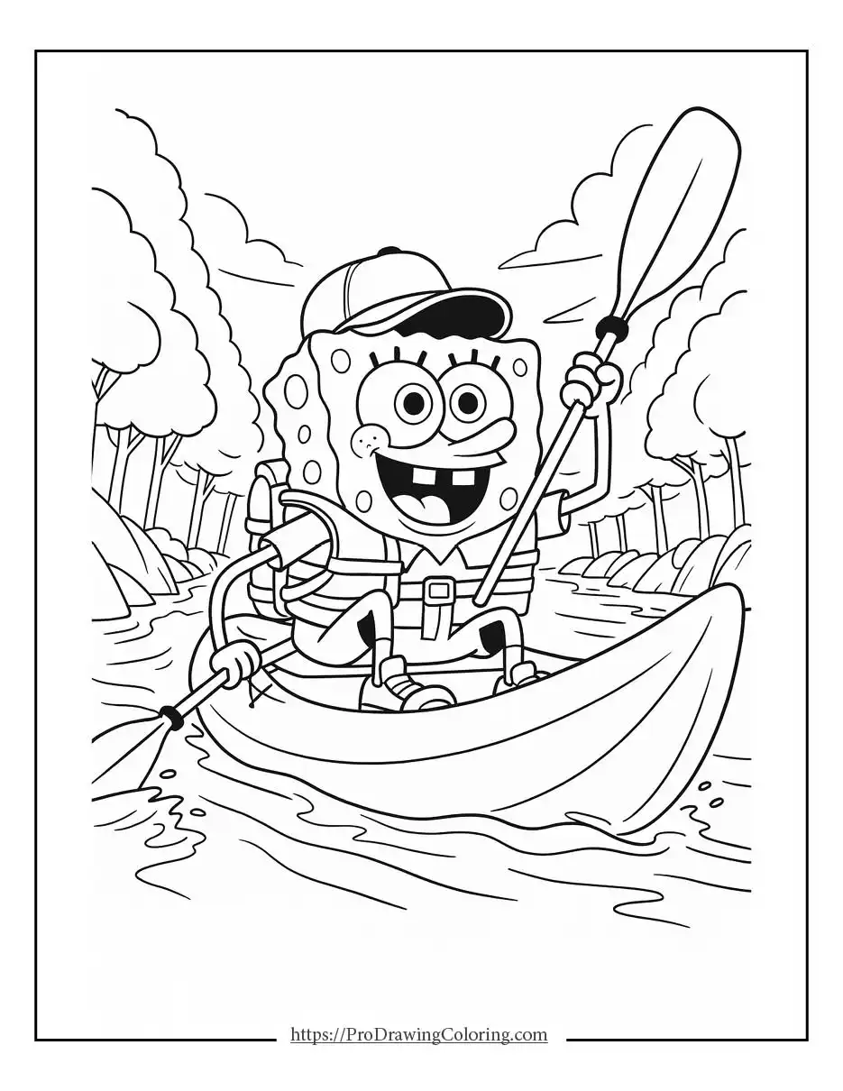 SpongeBob paddling a kayak down a river with trees and flowing water