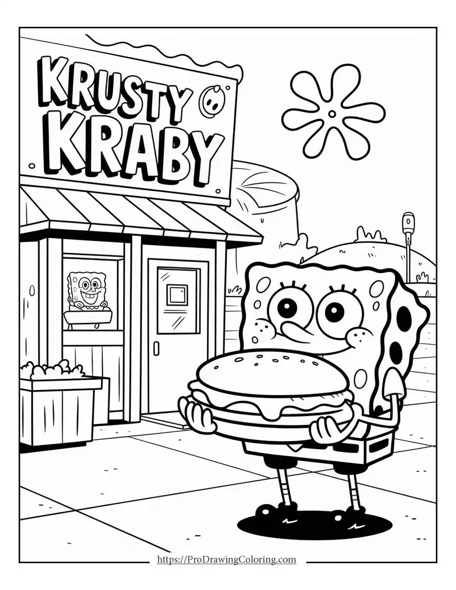 SpongeBob holding a big burger while standing outside the Krusty Krab restaurant