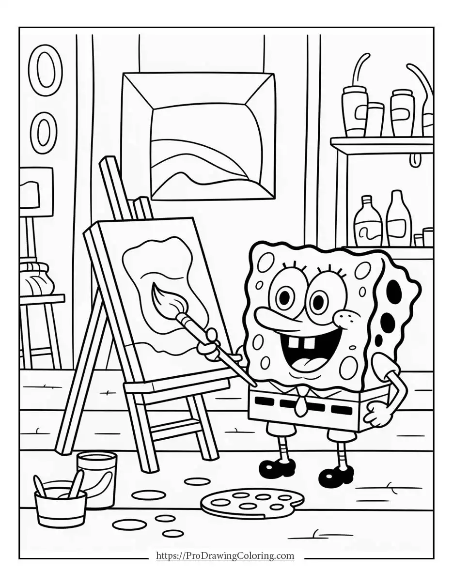 SpongeBob holding a paintbrush and painting on a canvas inside an art studio