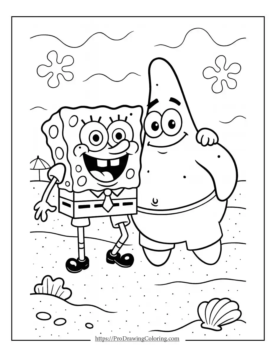 SpongeBob and Patrick smiling on the beach with an arm-around-the-shoulder hug and ocean waves behind them