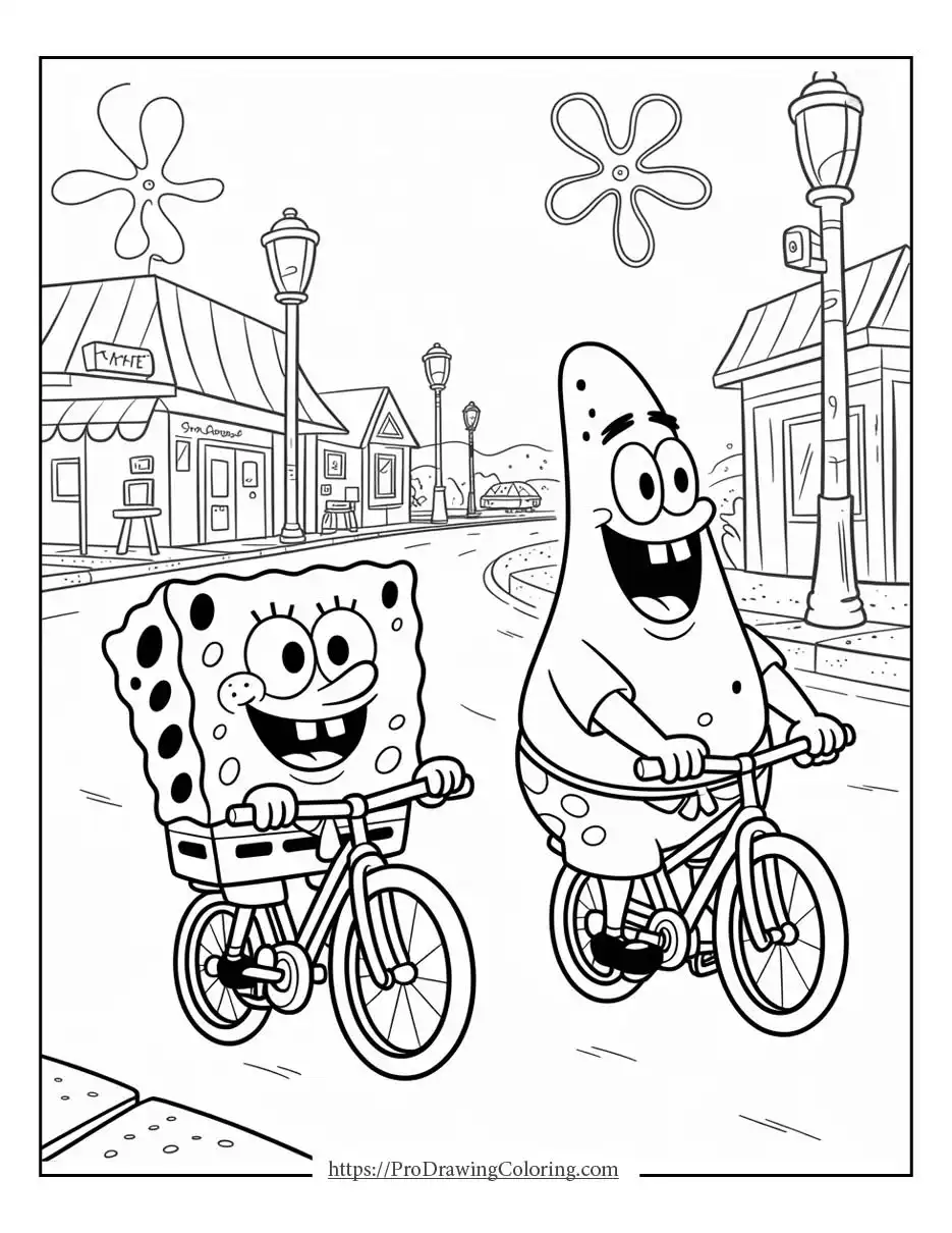 SpongeBob and Patrick Star riding bicycles side by side through the streets of Bikini Bottom