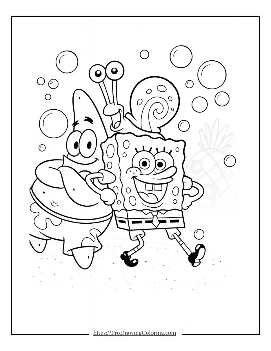SpongeBob running alongside Patrick and Gary the snail with bubbles floating in an underwater scene