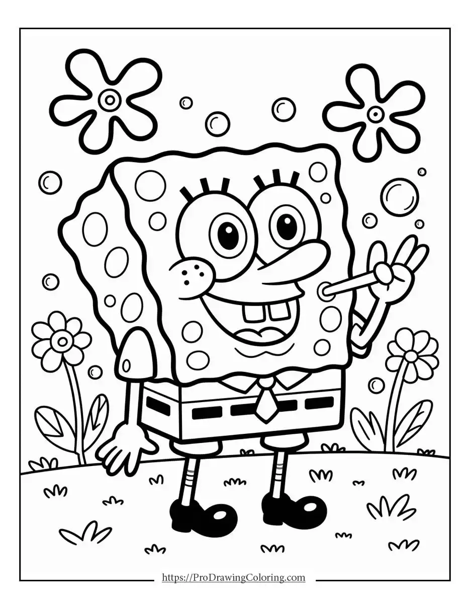 SpongeBob smiling and making a peace sign while standing in a grassy area with flowers around him