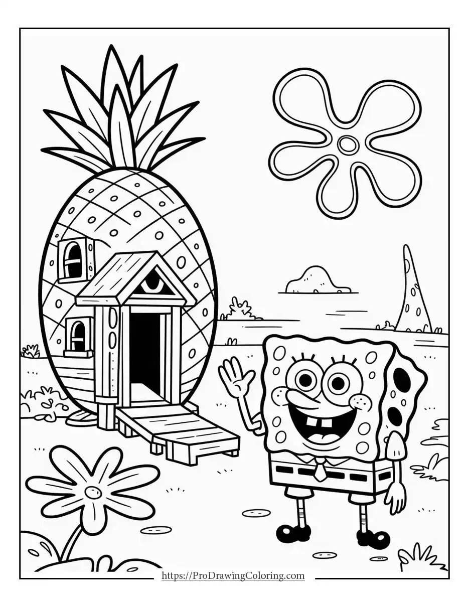 SpongeBob waving cheerfully while standing outside his pineapple-shaped house in Bikini Bottom