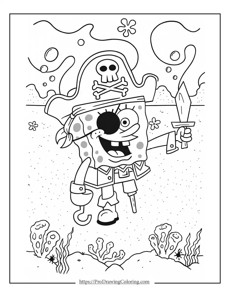 SpongeBob dressed as a pirate with an eyepatch, hat, sword, and hook underwater