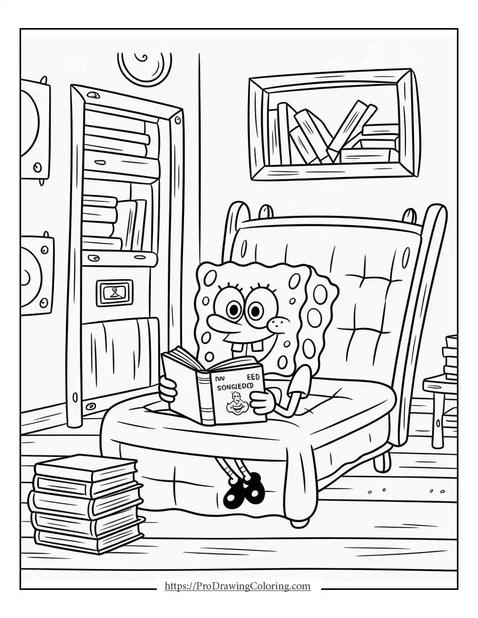 SpongeBob sitting comfortably in an armchair, reading a book surrounded by shelves and stacked books