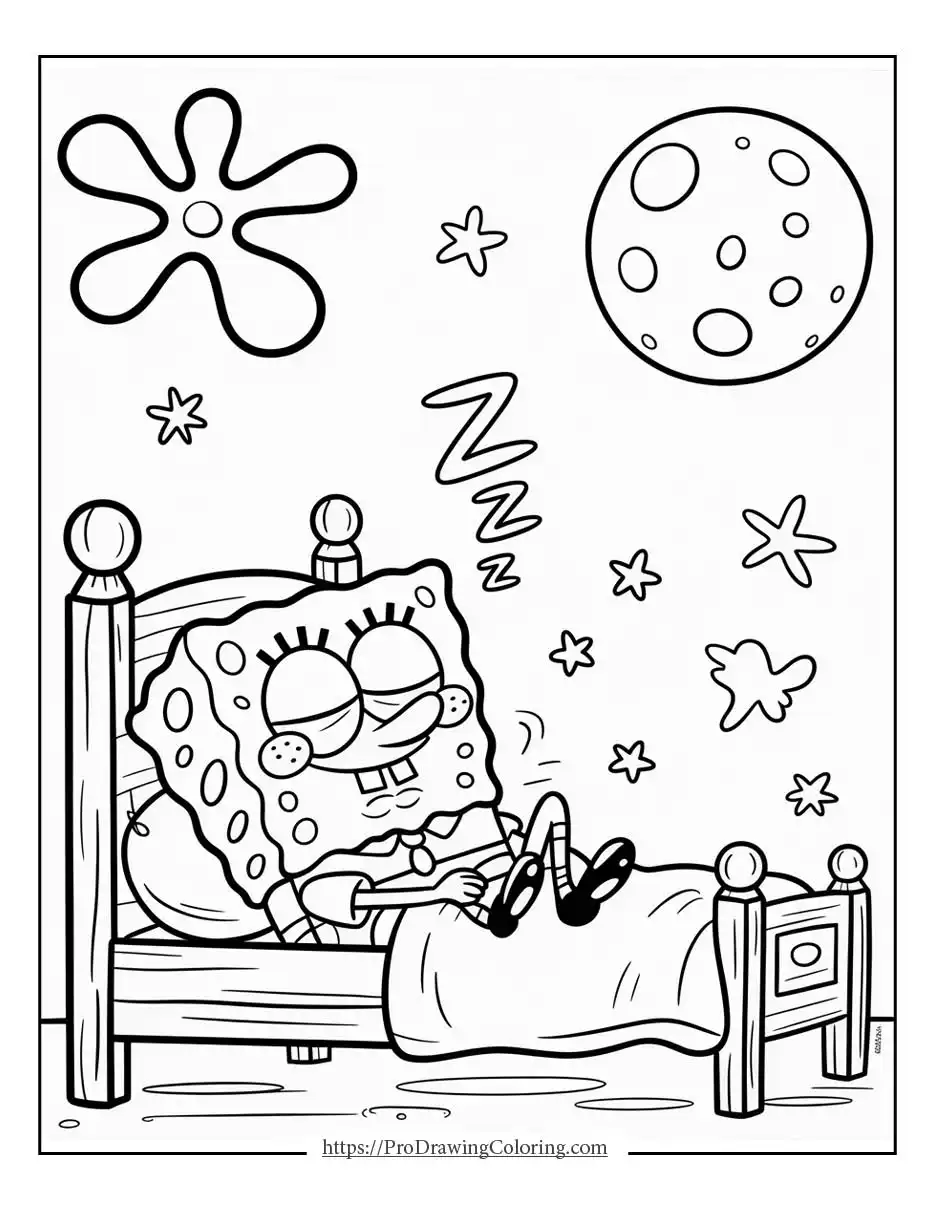 SpongeBob sleeping in bed with closed eyes, resting comfortably under a blanket