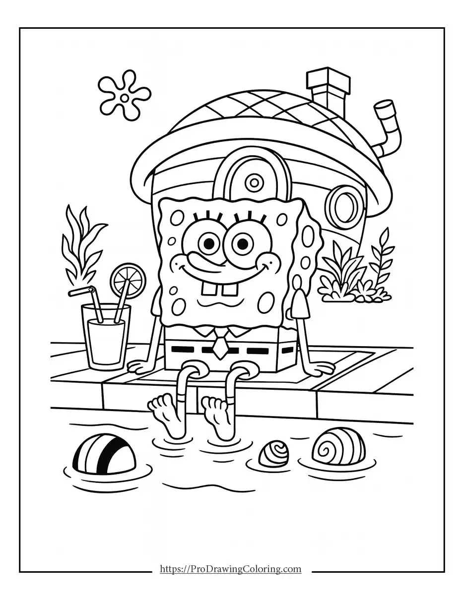 SpongeBob SquarePants coloring pages showing SpongeBob relaxing by the pool in Bikini Bottom