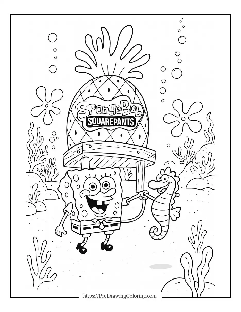 Printable SpongeBob coloring page featuring SpongeBob near his pineapple home sign with a seahorse and underwater plants