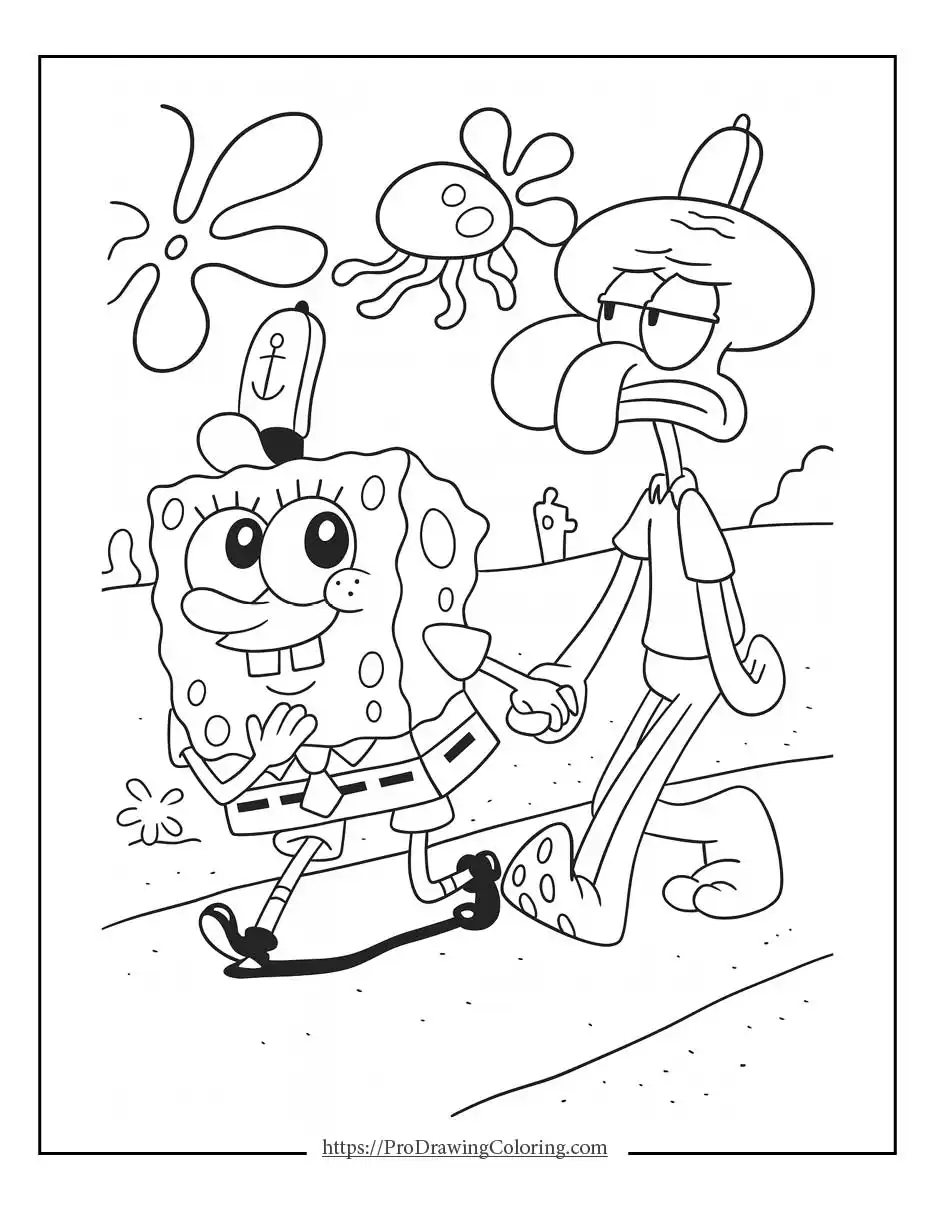 SpongeBob happily holding hands with a grumpy Squidward while walking underwater with bubbles and sea shapes