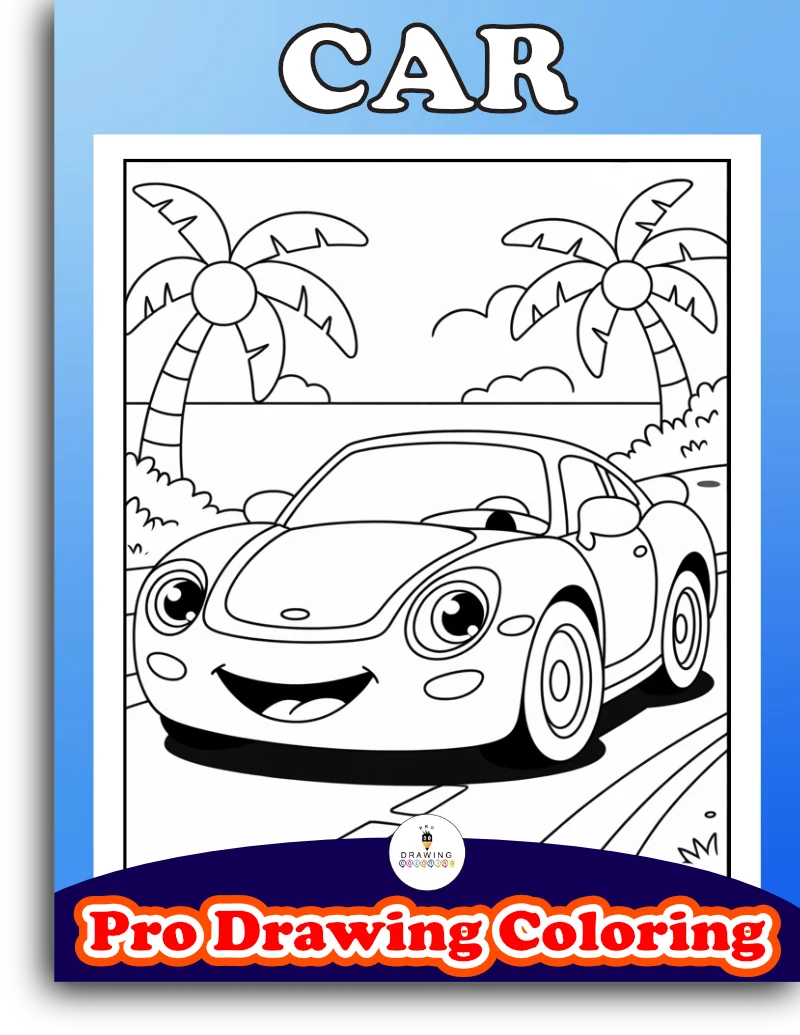 A fast car driving on a coastal road, this new cartoon is an easy free printable pdf for kids.