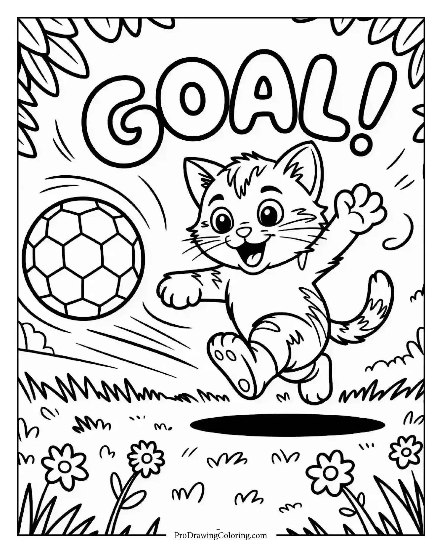 sporty kitten Action kitten coloring page playing soccer