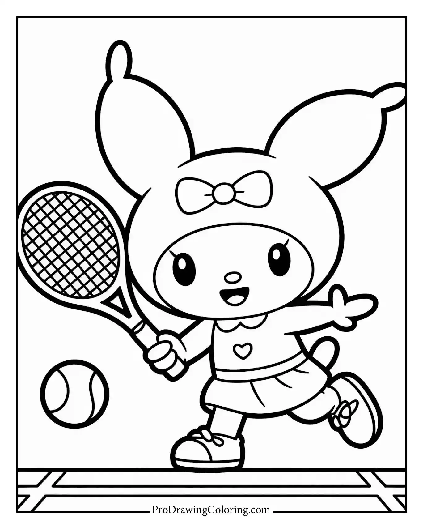 Energetic Kuromi playing tennis, printable sketch, sport activity.