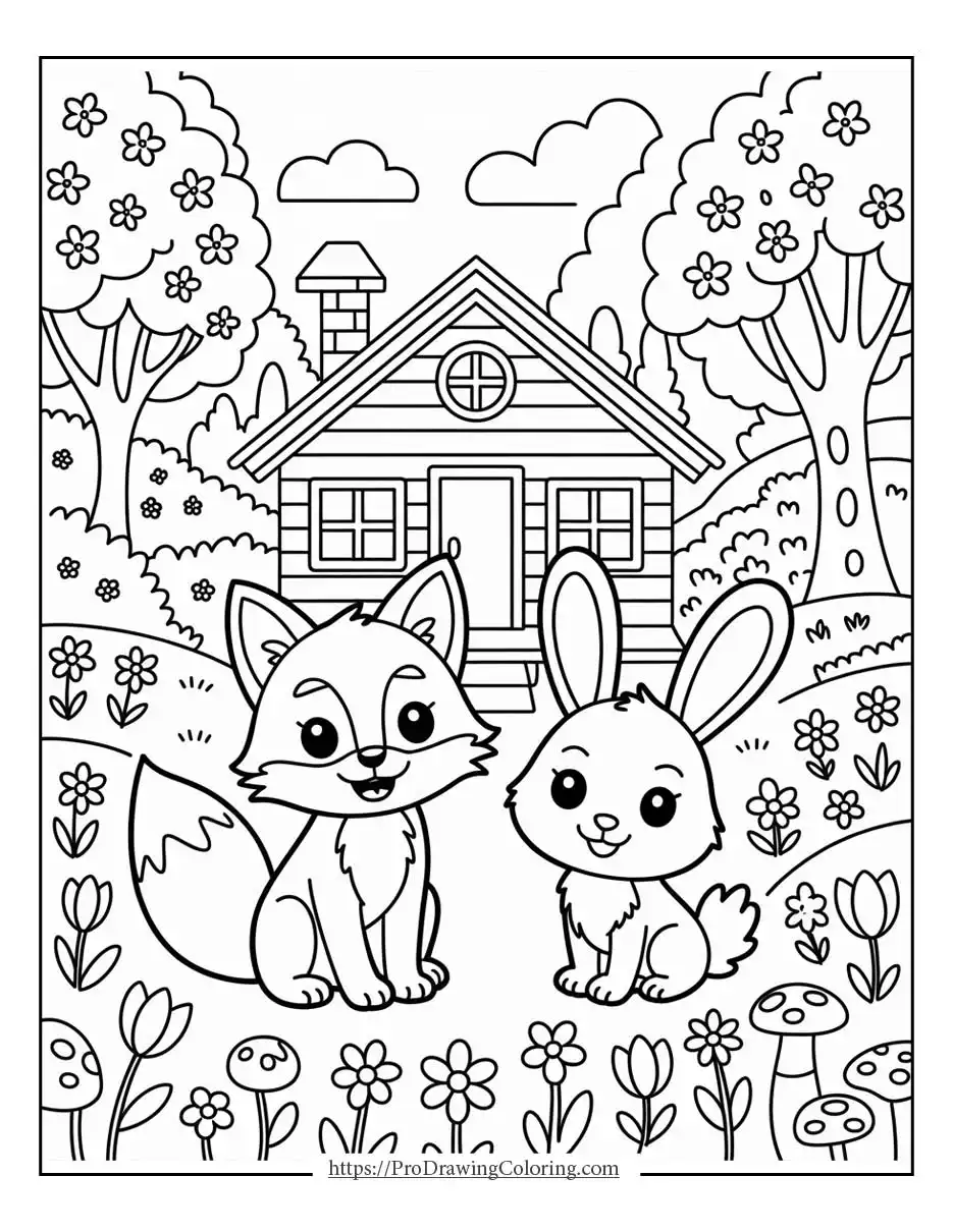 Cute spring animals sitting in a garden with flowers and trees, perfect for spring animals coloring pages
