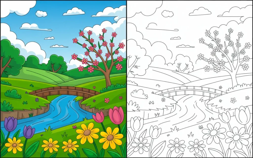 Spring coloring pages featuring a peaceful landscape with flowers, a river, and a small bridge, shown in color and line art