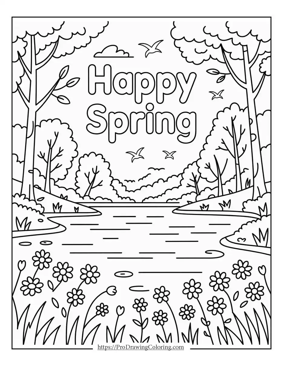 Detailed spring illustration with trees, river, flowers, and natural scenery made for spring coloring pages for adults