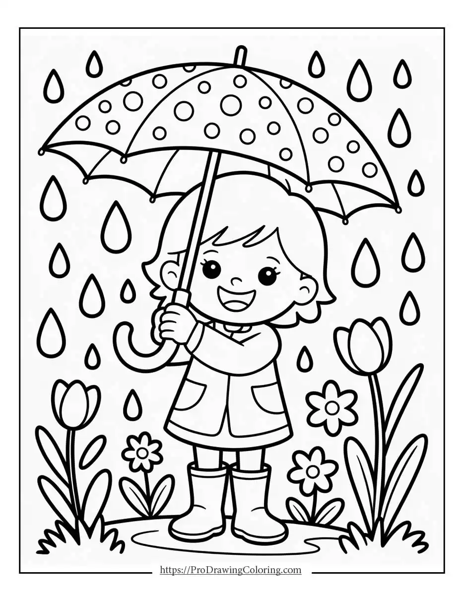 Cheerful outdoor spring scene with flowers, hills, and open sky, great for spring coloring pages for kids