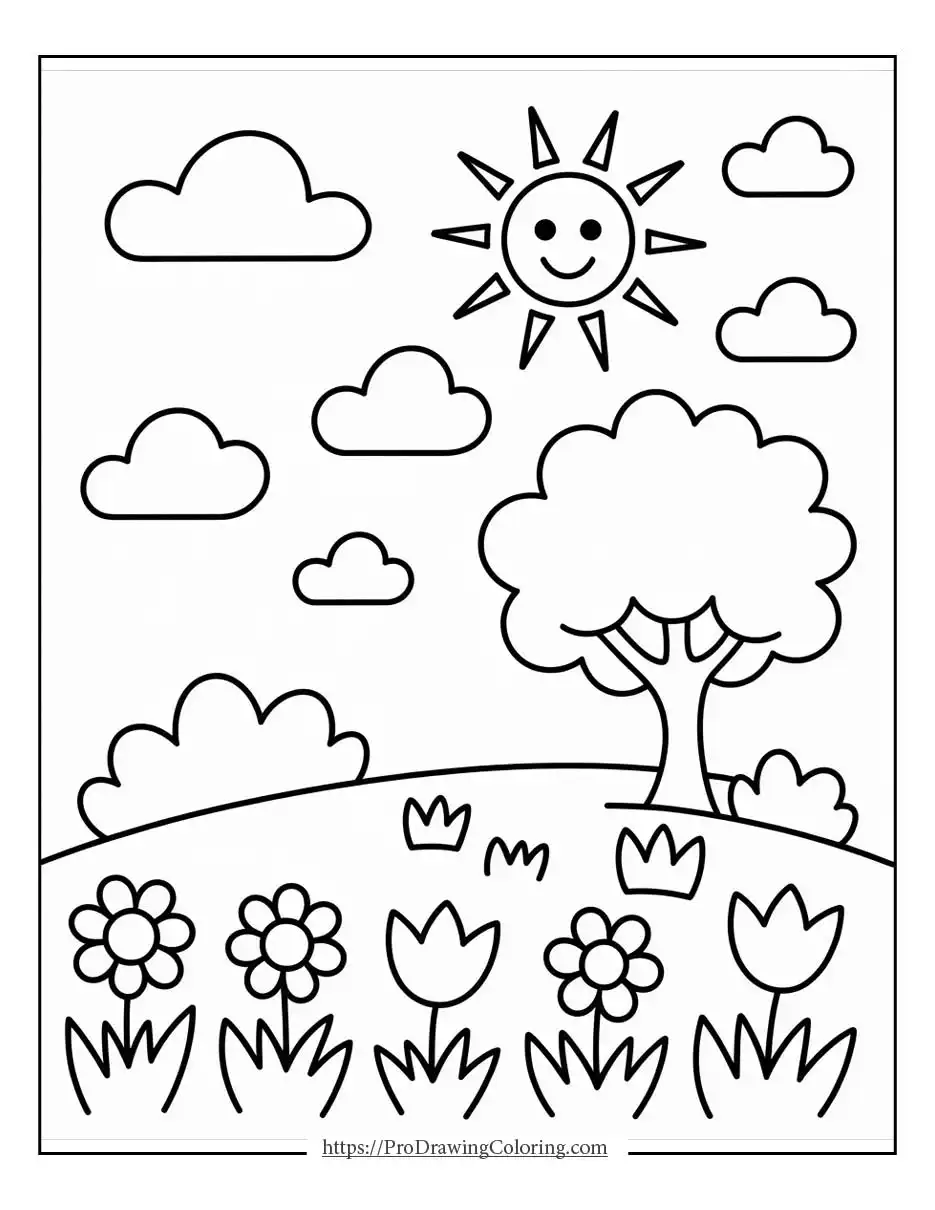 Easy spring scene with smiling sun, clouds, tree, and large flowers designed for spring coloring pages for preschoolers