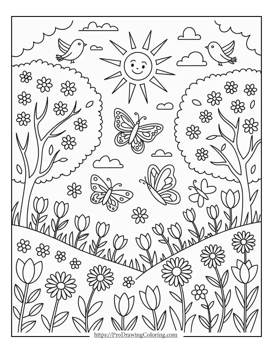 flowers trees and rolling hills in a spring meadow, illustrated as a spring coloring page printable
