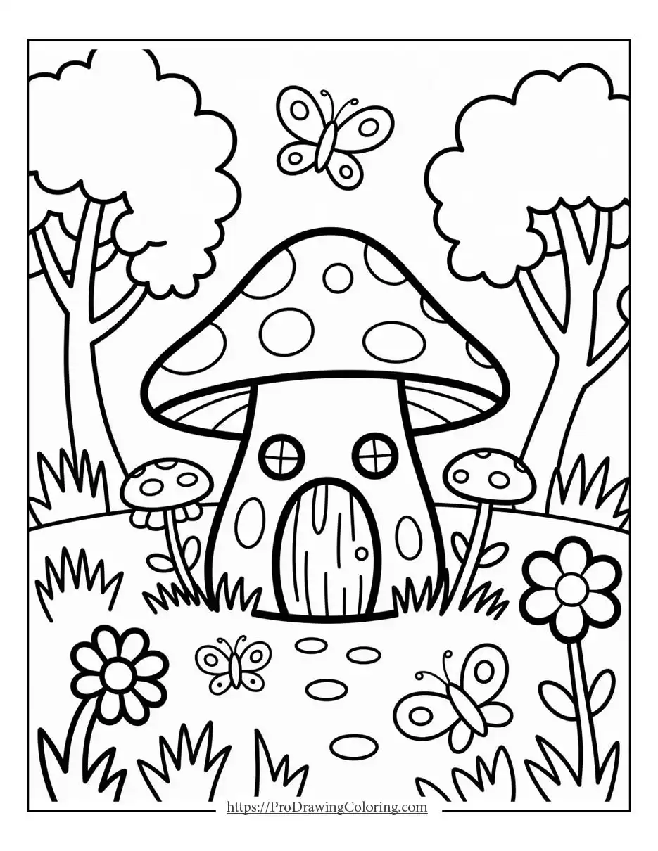 cute spring forest scene with a mushroom house, butterflies, flowers, and trees in a peaceful outdoor setting