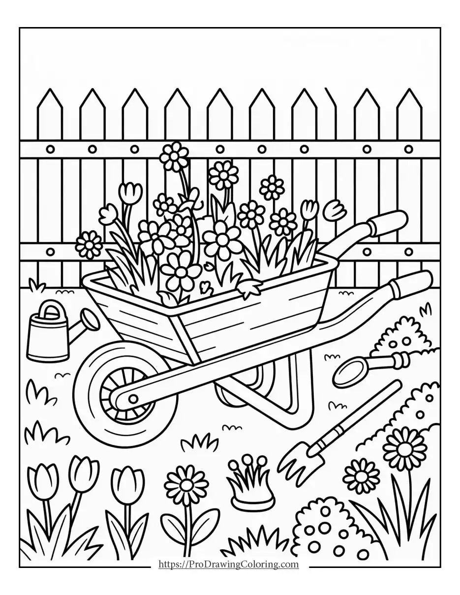 Natural spring season scenery with trees, flowers, clouds, and open fields for spring season coloring pages