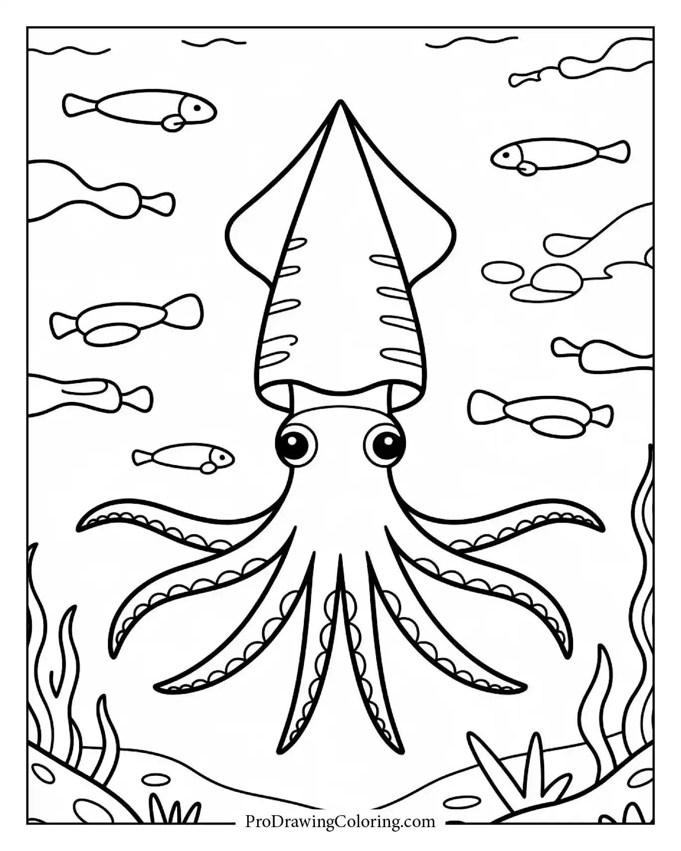 Cartoon squid with tentacles spread out while swimming in the ocean