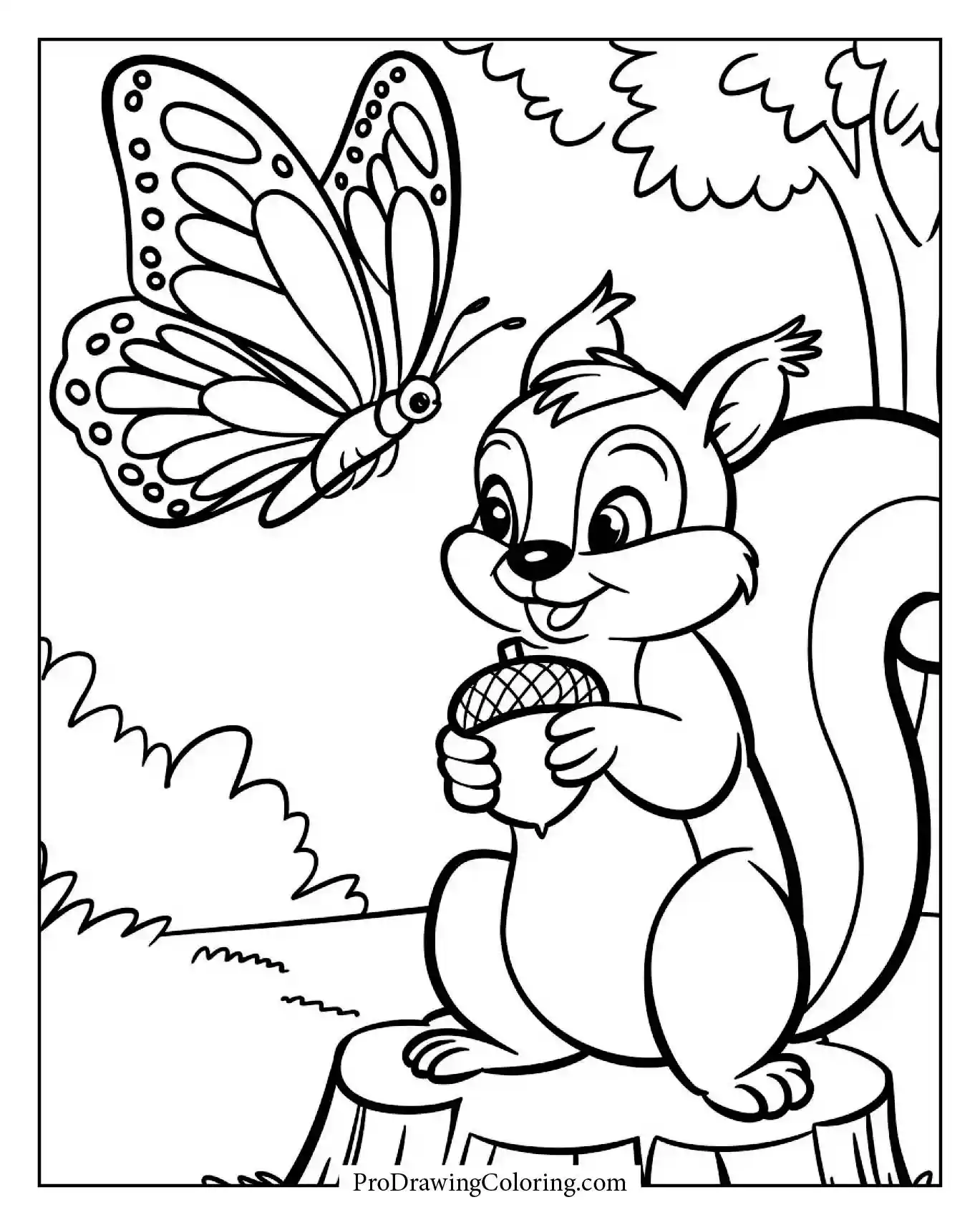 Squirrel holding an acorn while butterfly flies in forest background.